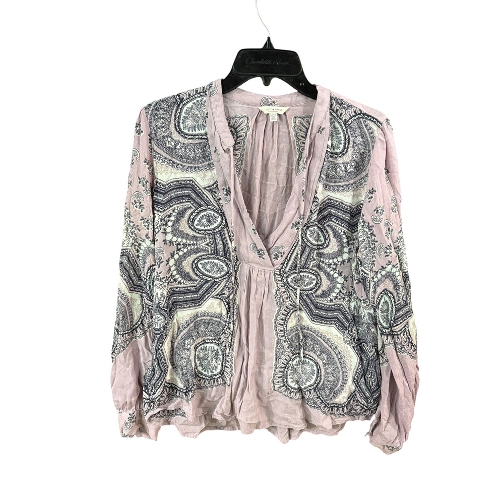 Lucky Brand Womens M Lavender Purple Paisley Print V-Neck LS Boho Blouse
